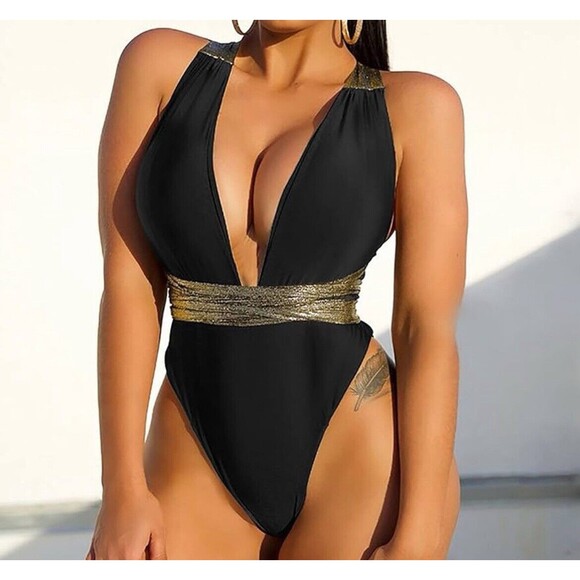 OMG Miami Swimwear Black Swimsuit Size Large Metallic Gold Tie Backs Revealing - Picture 11 of 11